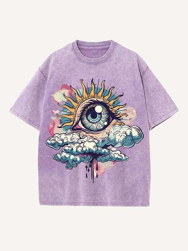 Distressed Washed Eye&Cloud Print Round Neck T-shirt